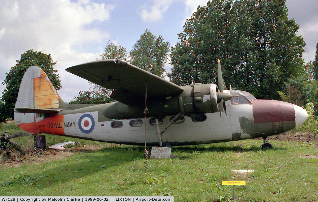 WF128, 1952 Percival P-57 Sea Prince T1 C/N P57/26, Percival P-57 Sea Prince T1 at the Norfolk and Suffolk Air Museum, Flixton in 1989.