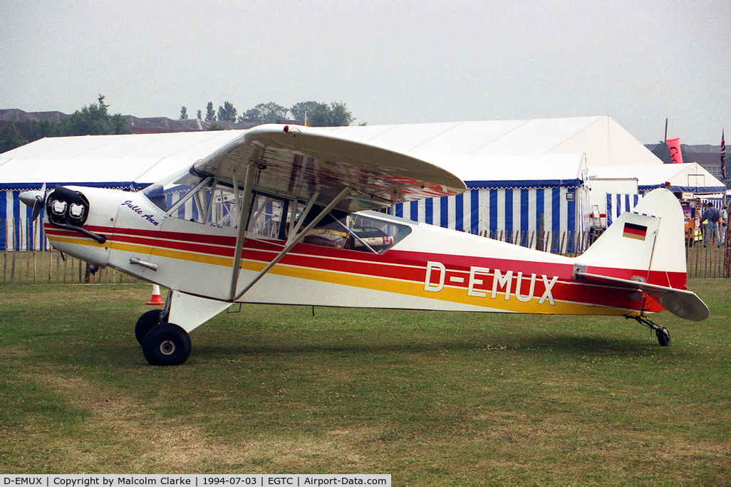 D-EMUX, Piper L-4H Grasshopper (J3C-65D) C/N 11496, Piper L-4H Grasshopper (J-3C-65D) at The PFA Rally , Cranfield in 1994.