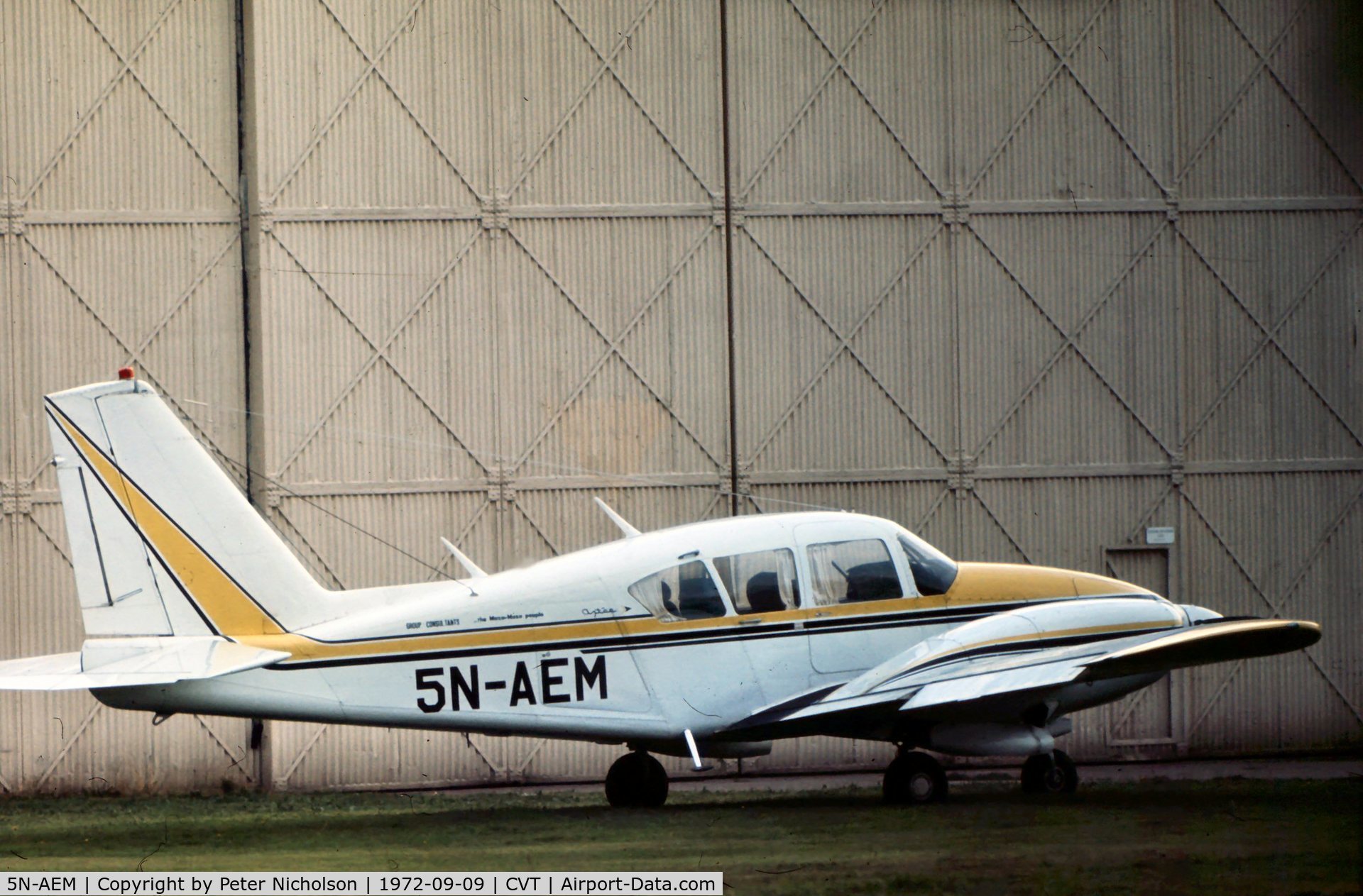 5N-AEM, 1970 Piper PA-23-250 Aztec C/N 274546, PA-23 Aztec 250 seen at Coventry Airport in September 1972 retained Nigerian markings until at least 1975.