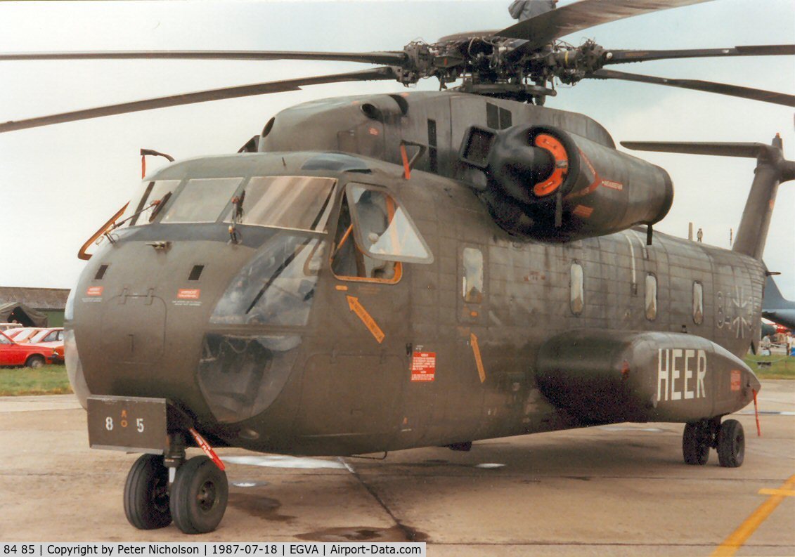 84 85, Sikorsky (VFW-Fokker) CH-53G C/N V65-083, CH-53G Stallion, callsign Mission N40, of German Army's MHFTR-15 on display at the 1987 Intnl Air Tattoo at RAF Fairford.