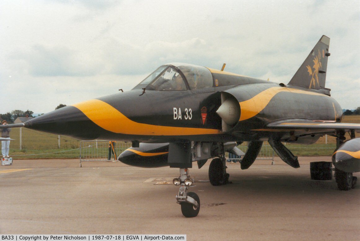 BA33, SABCA Mirage 5BA C/N 33, Mirage 5BA of 1 Squadron Belgian Air Force on display at the 1987 Intnl Air Tattoo at RAF Fairford.