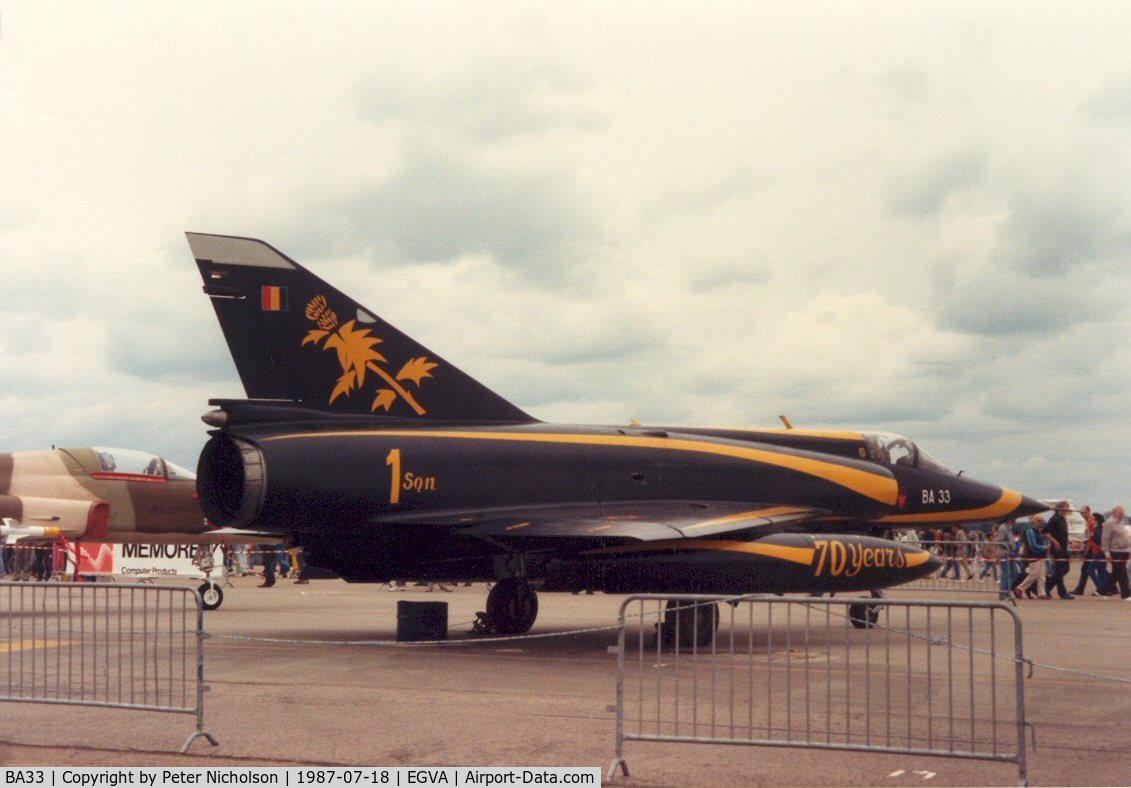 BA33, SABCA Mirage 5BA C/N 33, Another view of the Mirage 5BA of 1 Squadron Belgian Air Force wearing anniversary markings on display at the 1987 Intnl Air Tattoo at RAF Fairford.