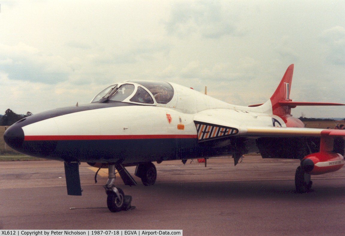 XL612, 1958 Hawker Hunter T.7 C/N 41H-695346, Hunter T.7, callsign Gauntlet 63, of the Empire Test Pilots School at Boscombe Down on display at the 1987 Intnl Air Tattoo at RAF Fairford.