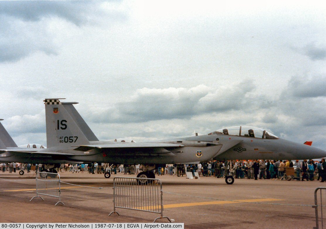 80-0057, 1980 McDonnell Douglas F-15D Eagle C/N 0698/D029, F-15D Eagle, callsign Arno, of Keflavik's 57th Fighter Interceptor Squadron on display at the 1987 Intnl Air Tattoo at RAF Fairford.