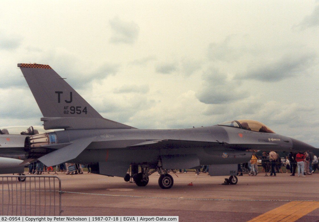 82-0954, 1982 General Dynamics F-16A Fighting Falcon C/N 61-547, F-16A Falcon, callsign Falcon 3, of 613rd Tactical Fighter Squadron/401st Tactical Fighter Wing at Torrejon Air Base on display at the 1987 Intnl Air Tattoo at RAF Fairford.