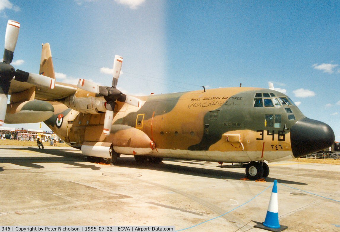 346, Lockheed C-130H Hercules C/N 382-4920, C-130H Hercules of 3 Squadron Royal Jordanian Air Force on display at the 1995 Intnl Air Tattoo at RAF Fairford.