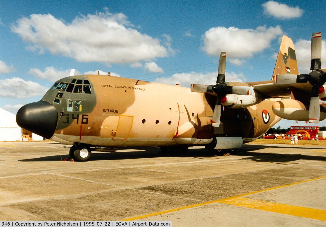 346, Lockheed C-130H Hercules C/N 382-4920, C-130H Hercules of 3 Squadron Royal Jordanian Air Force on display at the 1995 Intnl Air Tattoo at RAF Fairford.