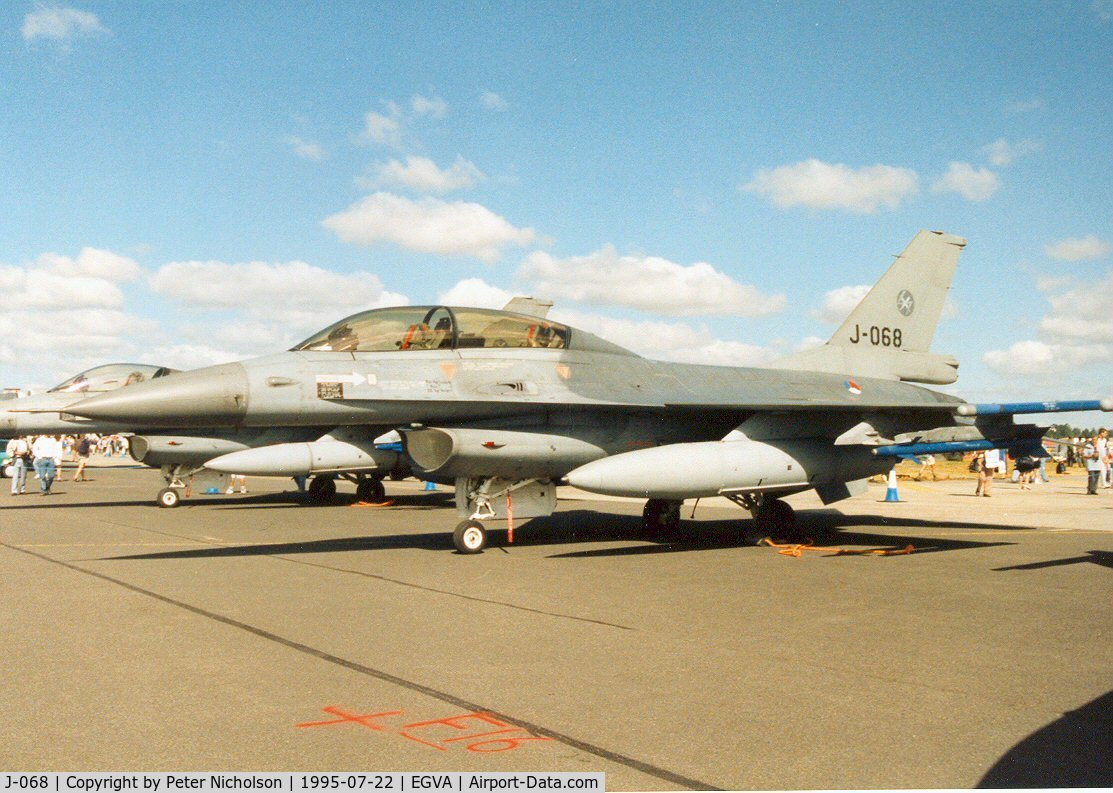 J-068, 1987 Fokker F-16B Fighting Falcon C/N 6E-37, F-16B Falcon, callsign Devil 01, of 312 Squadron Royal Netherlands Air Force on display at the 1995 Intnl Air Tattoo at RAF Fairford.