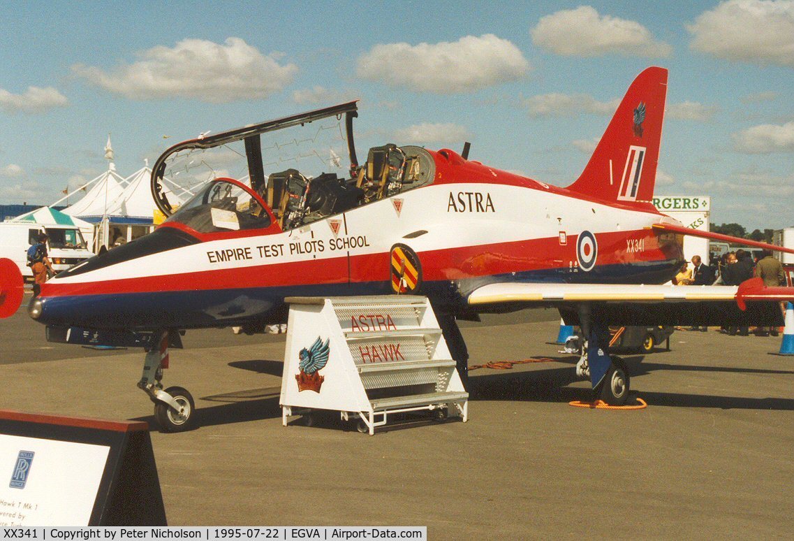 XX341, 1980 Hawker Siddeley Hawk T.1 C/N 190/312165, Hawk T.1 ASTRA of the Empire Test Pilots School at Boscombe Down on display at the 1995 Intnl Air Tattoo at RAF Fairford.