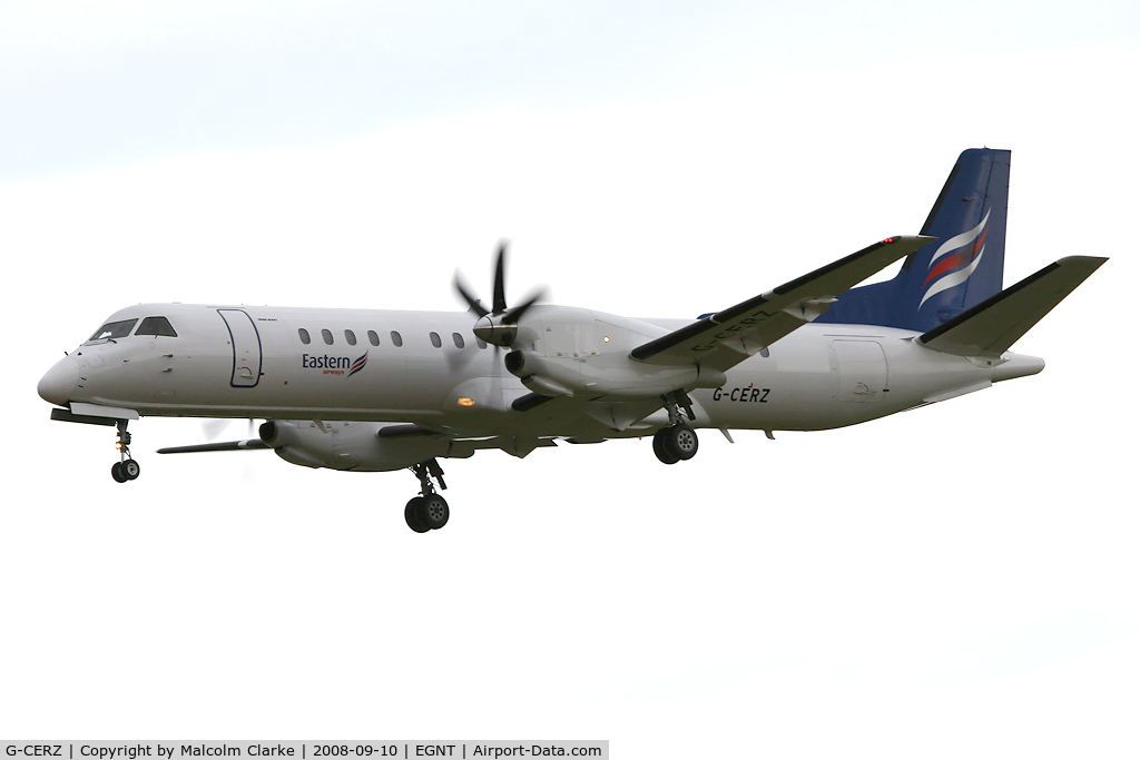 G-CERZ, 1997 Saab 2000 C/N 2000-042, Saab 2000 on approach to Rwy 25 at Newcastle Airport in 2008.
