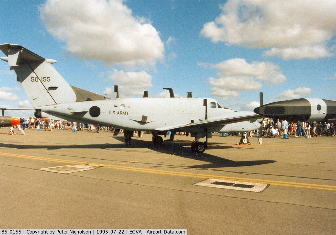 85-0155, 1985 Beech RC-12K Huron C/N FE-009, Another view of the 1st Military Intelligence Battalion's Huron on display at the 1995 Intnl Air Tattoo at RAF Fairford.