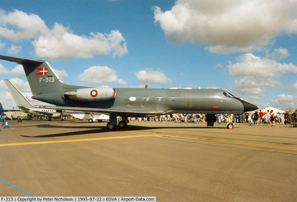 F-313, 1981 Gulfstream American G-1159A Gulfstream III Gulfstream III C/N 313, Gulfstream III, callsign Danish Air Force 313, of Esk 721 at Vaerlose on display at the 1995 Intnl Air Tattoo at RAF Fairford.