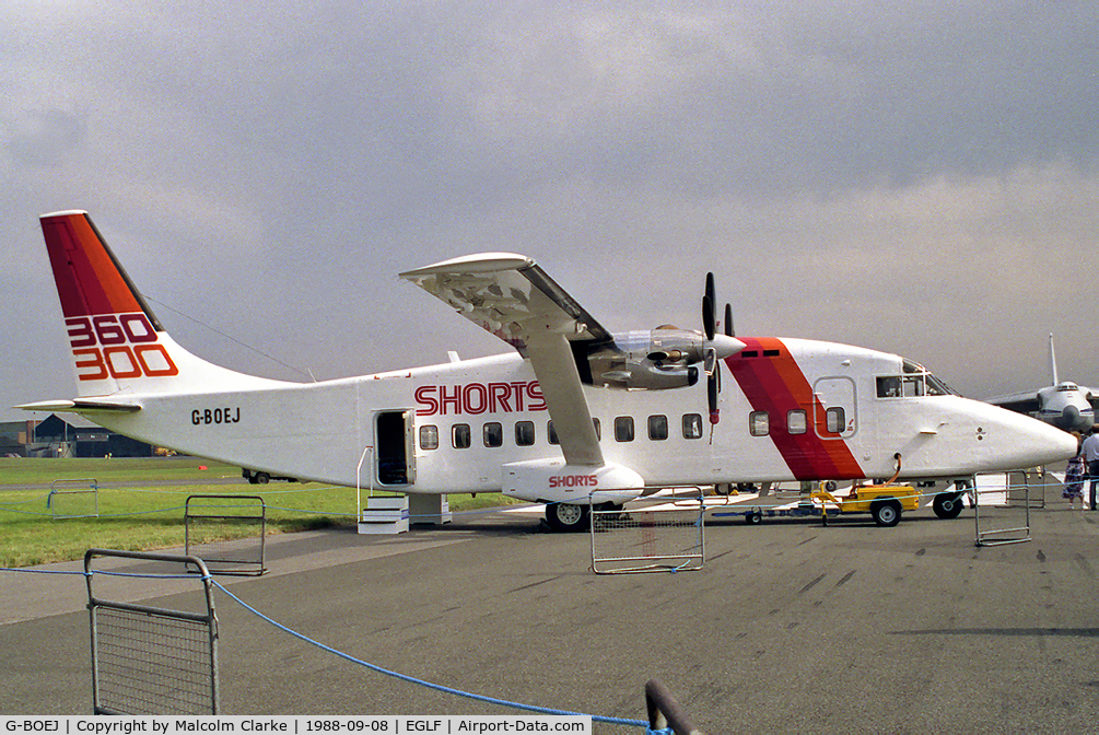 G-BOEJ, 1988 Short 360-100 C/N SH.3736, Short 360-300 at the Farnborough Air Show in 1988. Became VH-MJU .