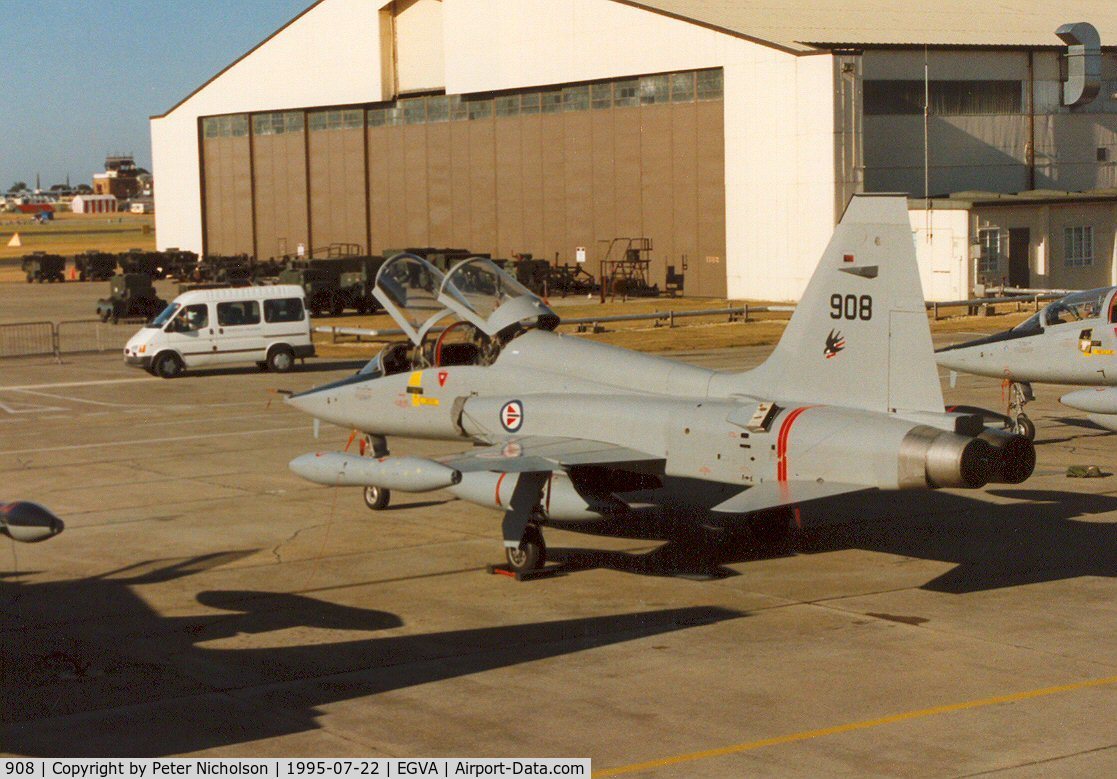 908, 1967 Northrop F-5B Freedom Fighter C/N N.9011, F-5B, callsign Norwegian 5015, of 336 Skv Royal Norwegian Air Force on the flight-line at the 1995 Intnl Air Tattoo at RAF Fairford.