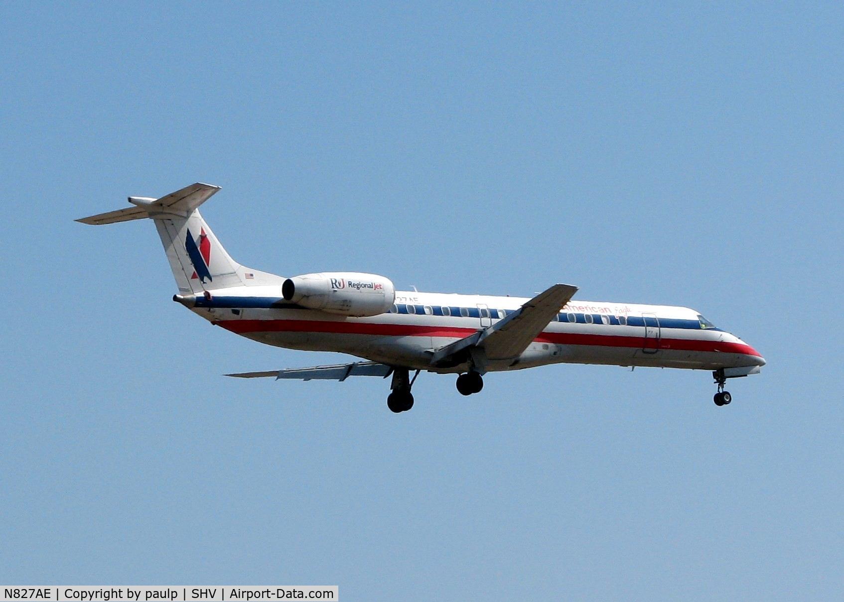 N827AE, 2002 Embraer ERJ-140LR (EMB-135KL) C/N 145602, Landing on runway 14 at Shreveport Regional.