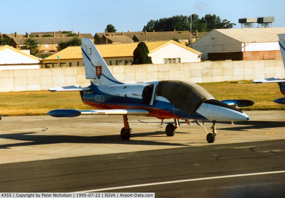 4355, Aero L-39C Albatros C/N 834355, L-39C Albatros number 3 of the Slovak Air Force's White Albatross display team on the flight-line at the 1995 Intnl Air Tattoo at RAF Fairford.