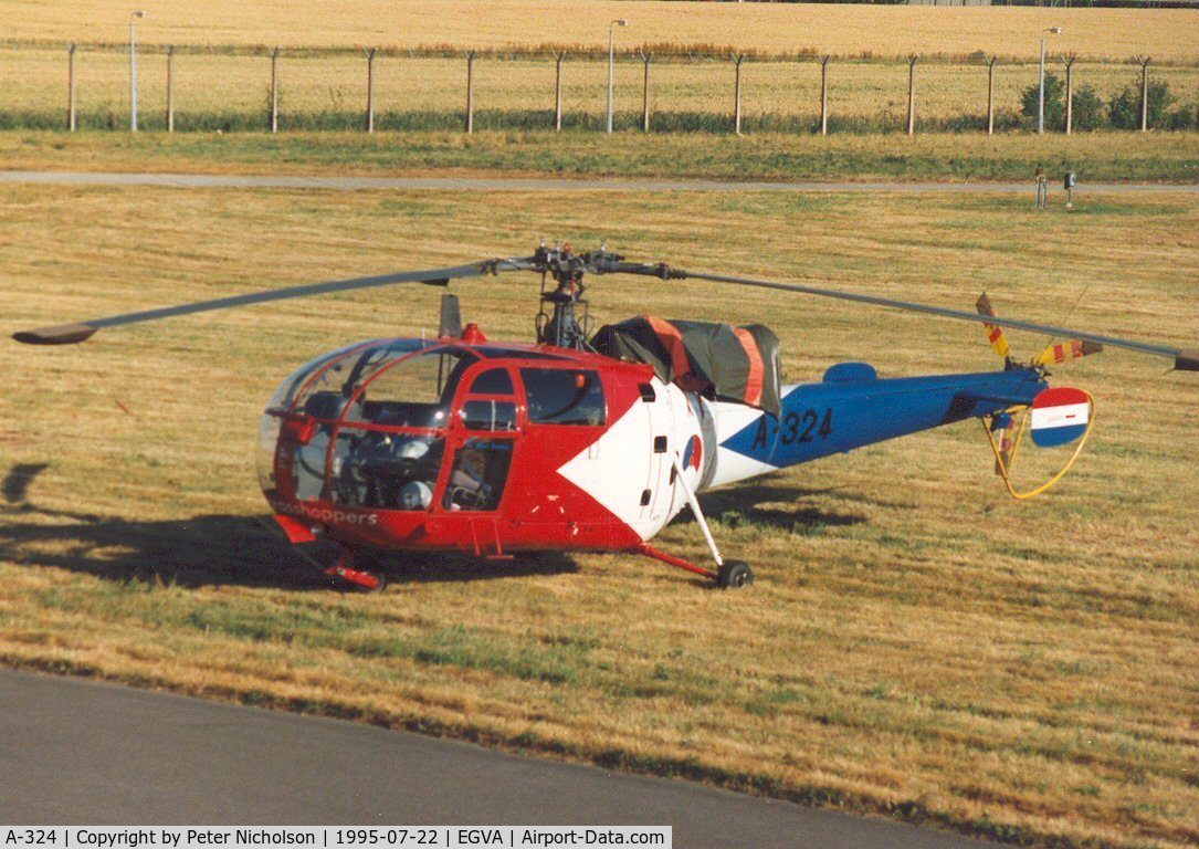 A-324, Aerospatiale SA-316B Alouette III C/N 1324, Alouette III of the Royal Netherlands Air Force's Grasshoppers display team on the flight-line at the 1995 Intnl Air Tattoo at RAF Fairford.