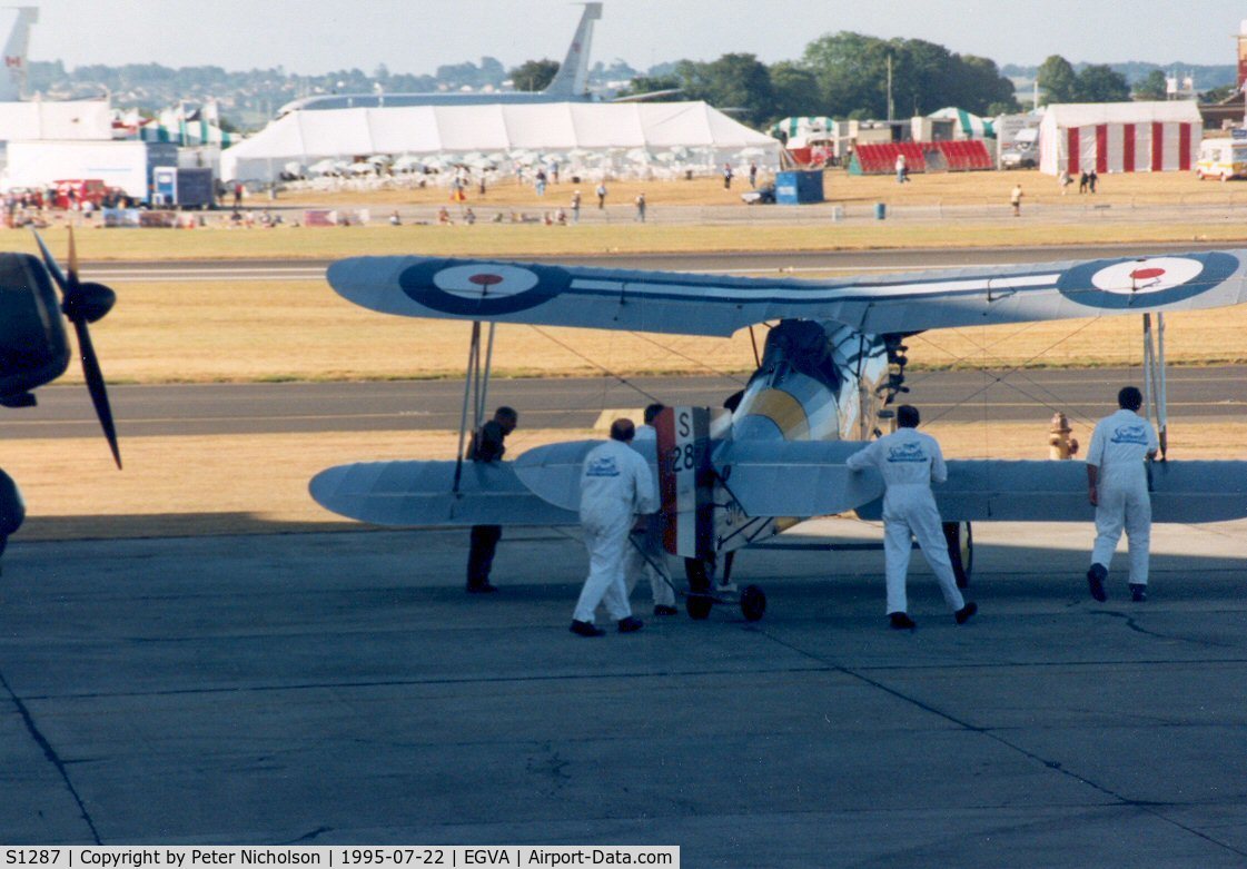 S1287, 1979 Fairey Flycatcher replica C/N WA3, Flycatcher replica, now a museum exhibit at Yeovilton, was airworthy and shown being positioned at the 1995 Intnl Air Tattoo at RAF Fairford.