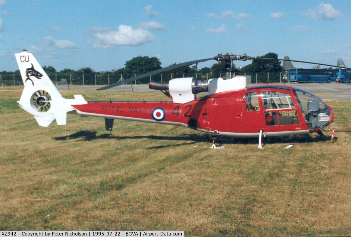XZ942, 1978 Westland SA-341C Gazelle HT2 C/N WA1761, Gazelle HT.2, callsign Condors, of 705 Squadron's Sharks display team on display at the 1995 Intnl Air Tattoo at RAF Fairford.