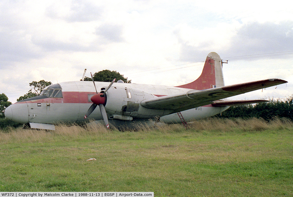 WF372, 1952 Vickers Varsity T.1 C/N 531, Vickers 668 Varsity T1 at Peterborough Sibson Airport in 1988. Then in the care of the Nene Valley Aviation Society. Now at The Brooklands Museum.