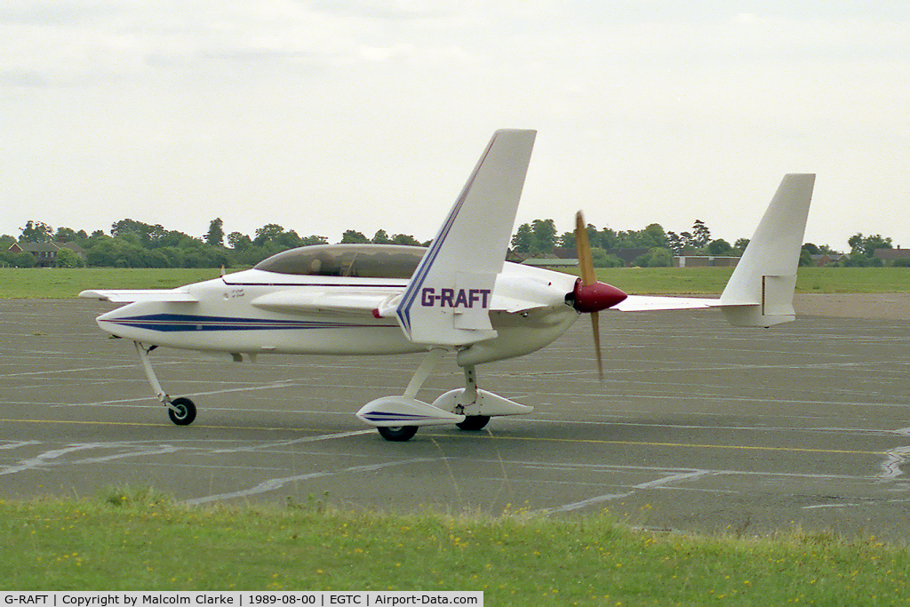 G-RAFT, 1983 Rutan Long-EZ C/N PFA 074A-10734, Rutan 61 Long-EZ at Cranfield Airport in 1989.