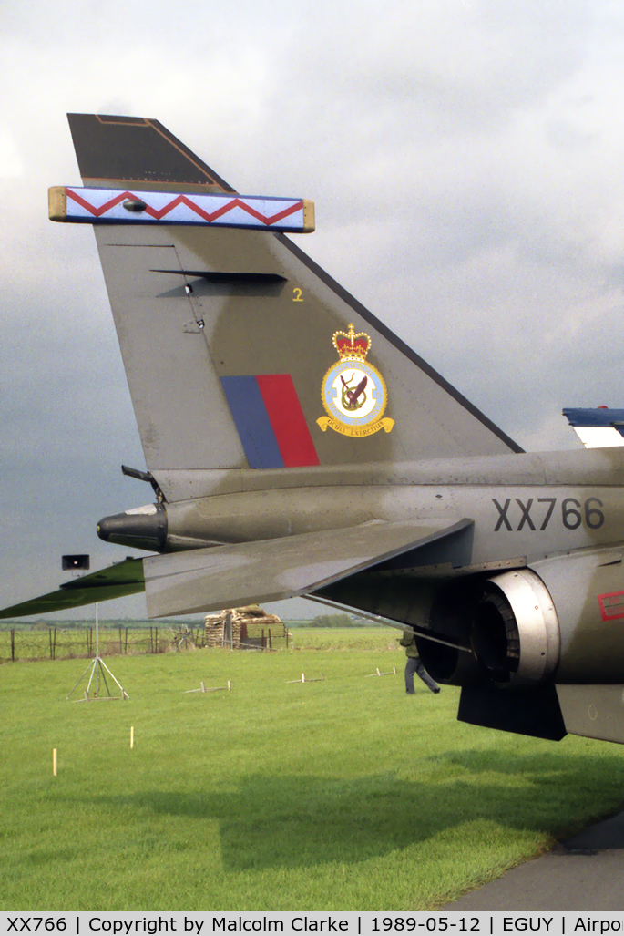 XX766, 1975 Sepecat Jaguar GR.1 C/N S.63, Sepecat Jaguar GR1A. Displaying the badge of No 6 Sqn, Coltishall at the Canberra 40th Anniversary Celebration Photocall at RAF Wyton in 1989.