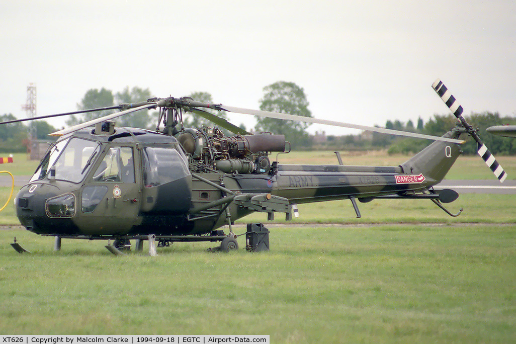 XT626, 1966 Westland Scout AH.1 C/N F9632, Westland Scout AH1. Flown by the Army Air Corps Historic Flight at Cranfield's Air Show and Helifest in 1994.