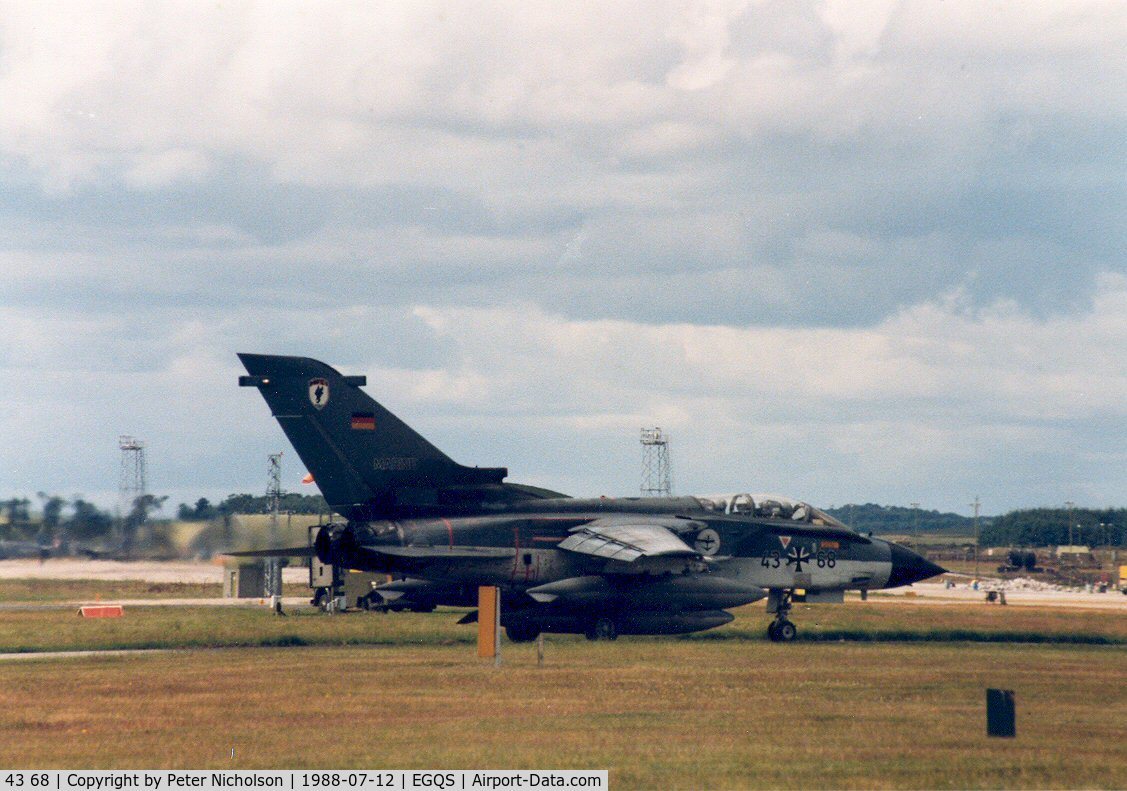 43 68, Panavia Tornado IDS C/N 179/GS041/4068, Tornado IDS of Kreigsmarine MFG-1 awaiting clearance to join the active runway at RAF Lossiemouth in the Summer of 1988.