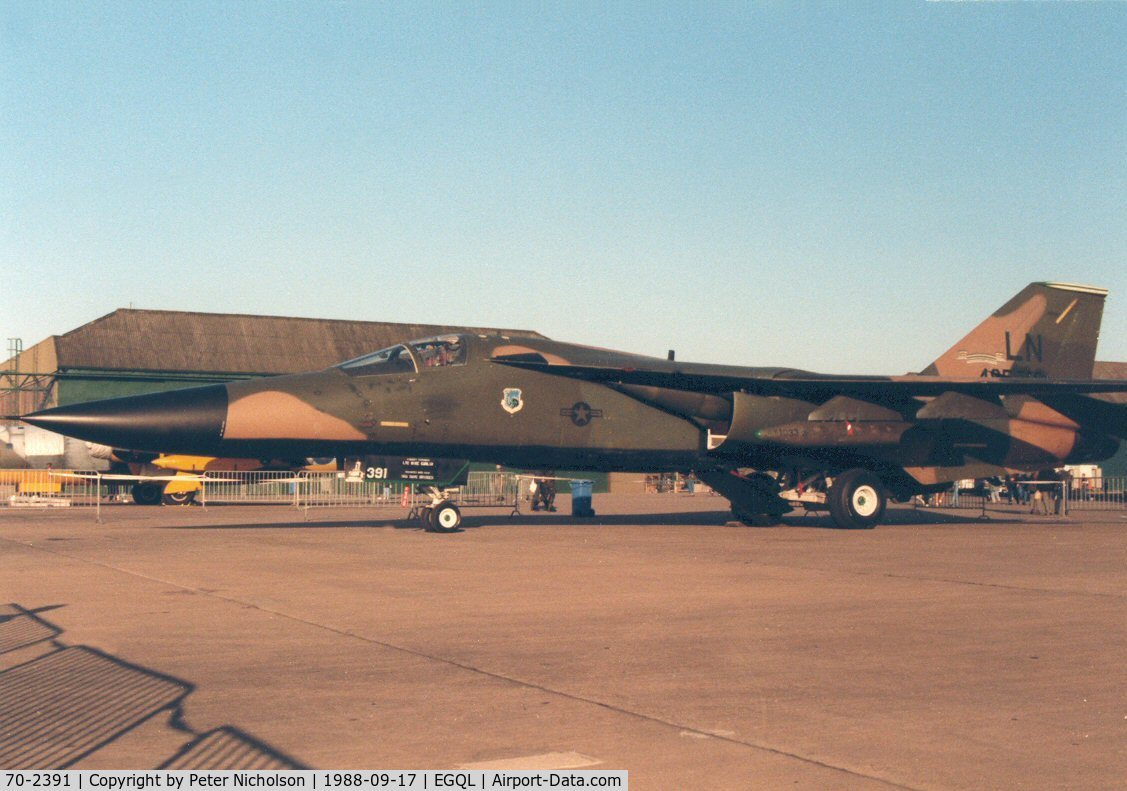 70-2391, 1970 General Dynamics F-111F Aardvark C/N E2-30, Another view of the 495th Tactical Fighter Squadron F-111F of the 48th Tactical Fighter Wing at RAF Lakenheath on display at the 1988 RAF Leuchars Airshow.