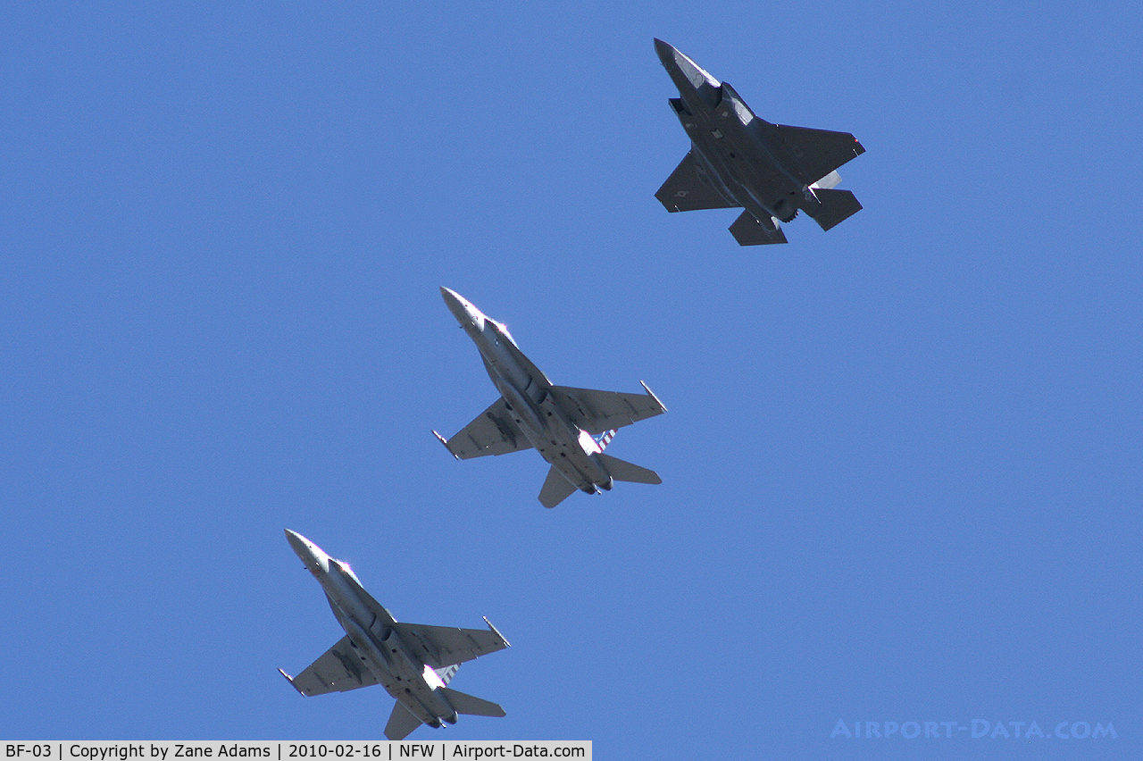 BF-03, 2010 Lockheed Martin F-35B Lightning II C/N BF-03, The third F-35B (on right) flight test with two F-18's at NASJRB Fort Worth