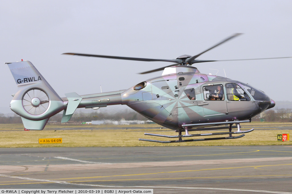 G-RWLA, 2007 Eurocopter EC-135T-2+ C/N 0635, The jade version of the iridescent colour scheme on this EC135T2+ at Gloucestershire (Staverton) Airport