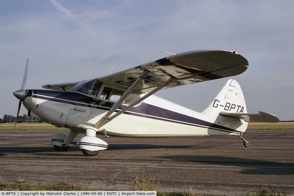 G-BPTA, 1947 Stinson 108-2 Voyager C/N 108-3429, Stinson 108-2 Voyager at Cranfield Airport, UK in 1990.