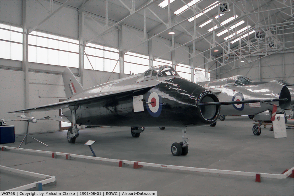 WG768, 1952 Short SB.5 C/N SH1605, Short SB-5 at the Aerospace Museum, RAF Cosford in 1991. Used by the RAE to investigate different wing sweep angles and tailplane positions, prior to the development of the Lightning interceptor.