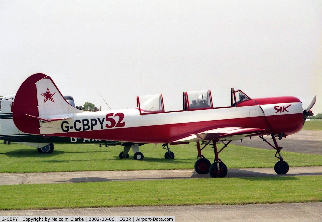G-CBPY, 1980 Bacau Yak-52 C/N 800708, Bacau Yak-52 at Breighton Airfield in 2003.