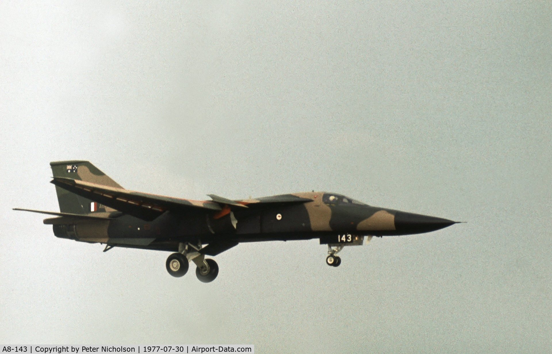 A8-143, 1973 General Dynamics F-111C Aardvark C/N D1-19, Another view of the F-111C of 6 Squadron RAAF which attended the 1977 Royal Review at RAF Finningley.