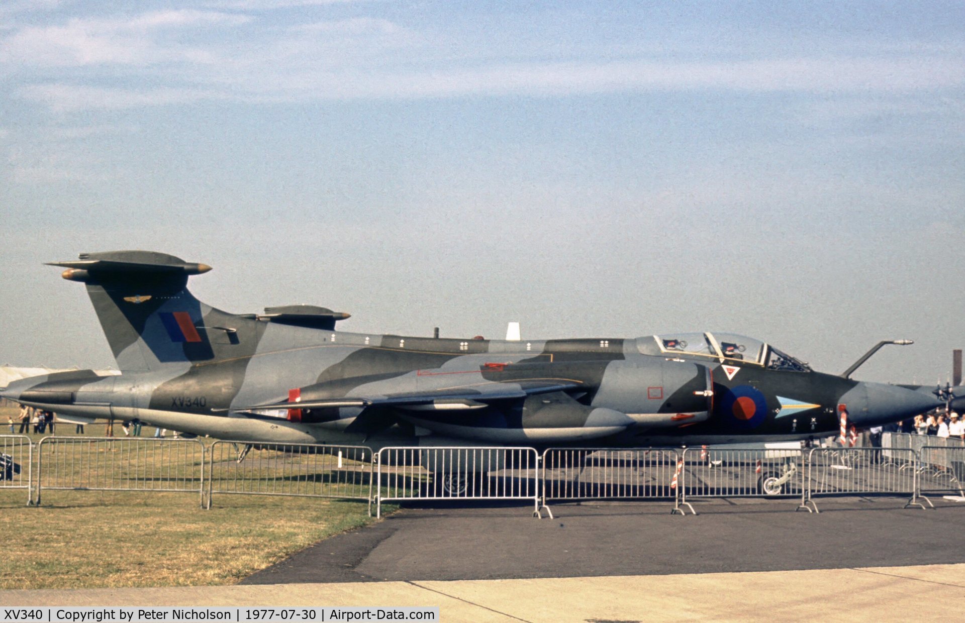XV340, 1967 Hawker Siddeley Buccaneer S.2B C/N B3-18-66, Buccaneer S.2B of 208 Squadron on display at the 1977 Royal Review at RAF Finningley.