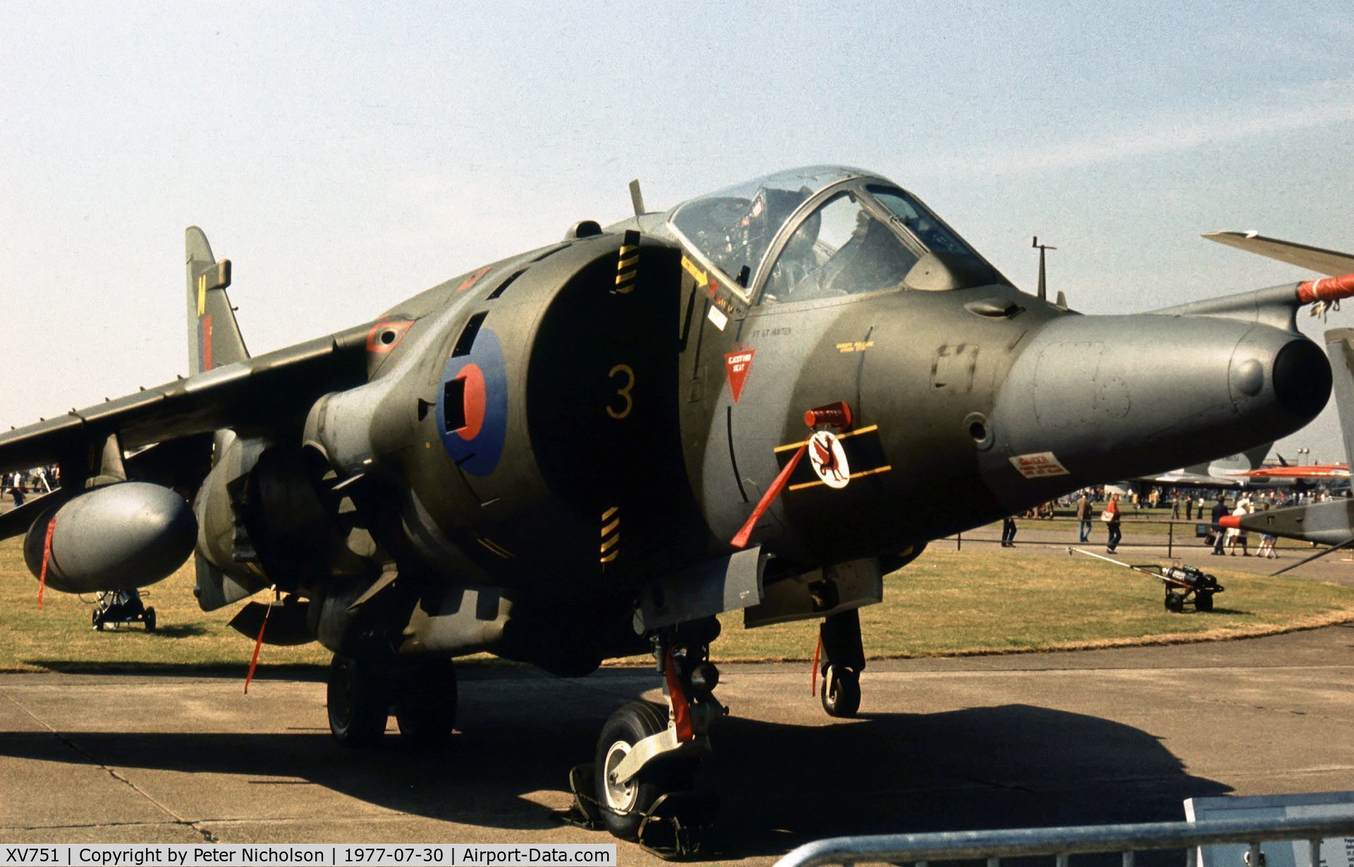 XV751, 1969 Hawker Siddeley Harrier GR.3 C/N 712014, Another view of the 3 Squadron Harrier GR.3 on display at the 1977 Royal Review at RAF Finningley.