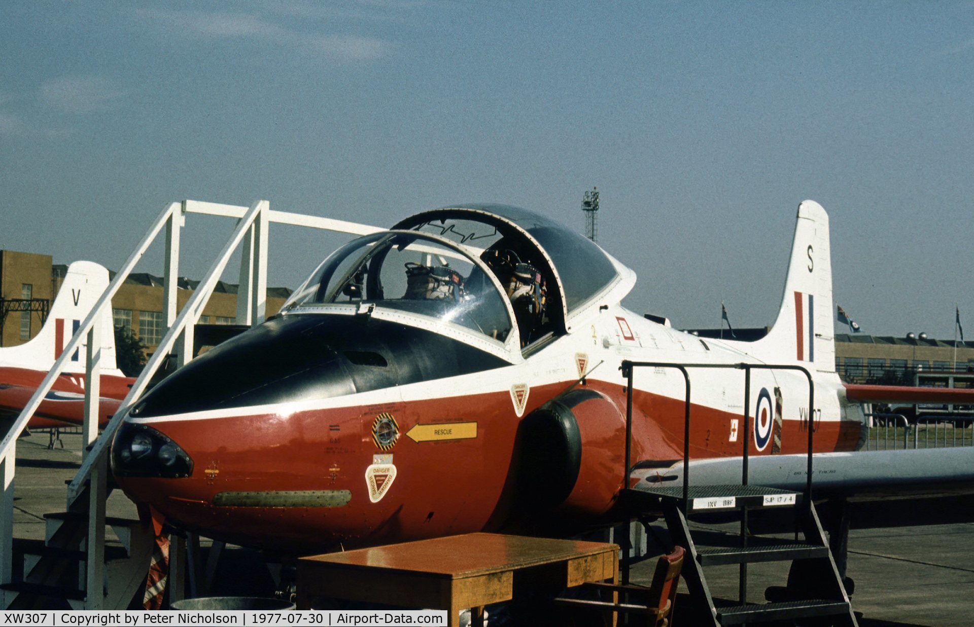 XW307, 1970 BAC 84 Jet Provost T.5B C/N EEP/JP/971, Jet Provost T.5B of 6 Flying Training School on display at the 1977 Royal Review at RAF Finningley.
