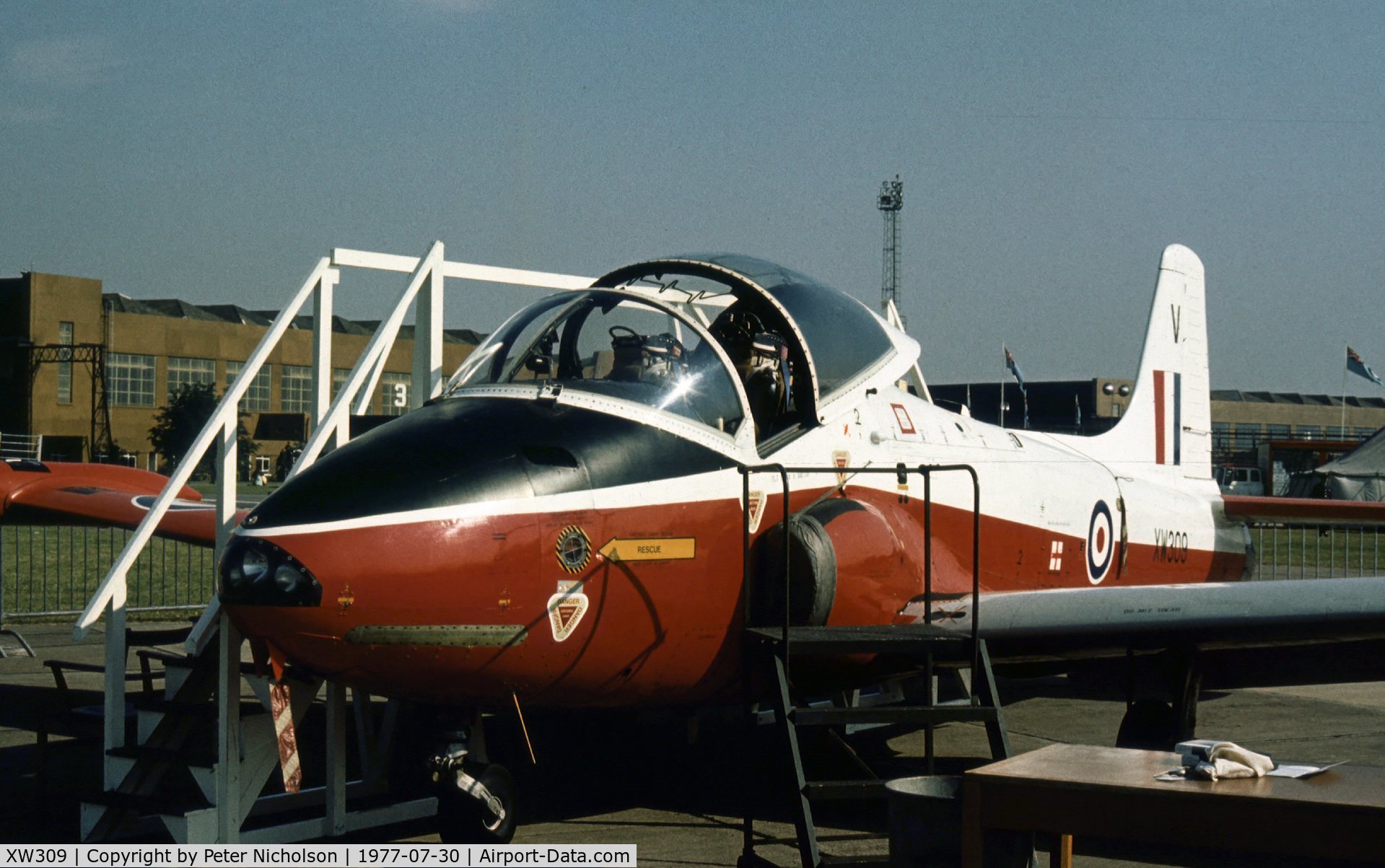 XW309, 1970 BAC 84 Jet Provost T.5 C/N EEP/JP/973, Jet Provost T.5B of 6 Flying Training School on display at the 1977 Royal Review at RAF Finningley.