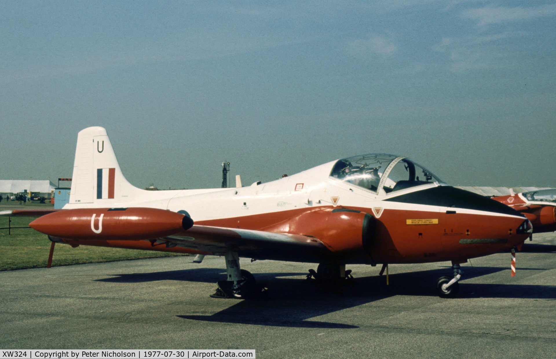 XW324, 1970 BAC 84 Jet Provost T.5 C/N EEP/JP/988, Jet Provost T.5B of 6 Flying Training School on display at the 1977 Royal Review at RAF Finningley.