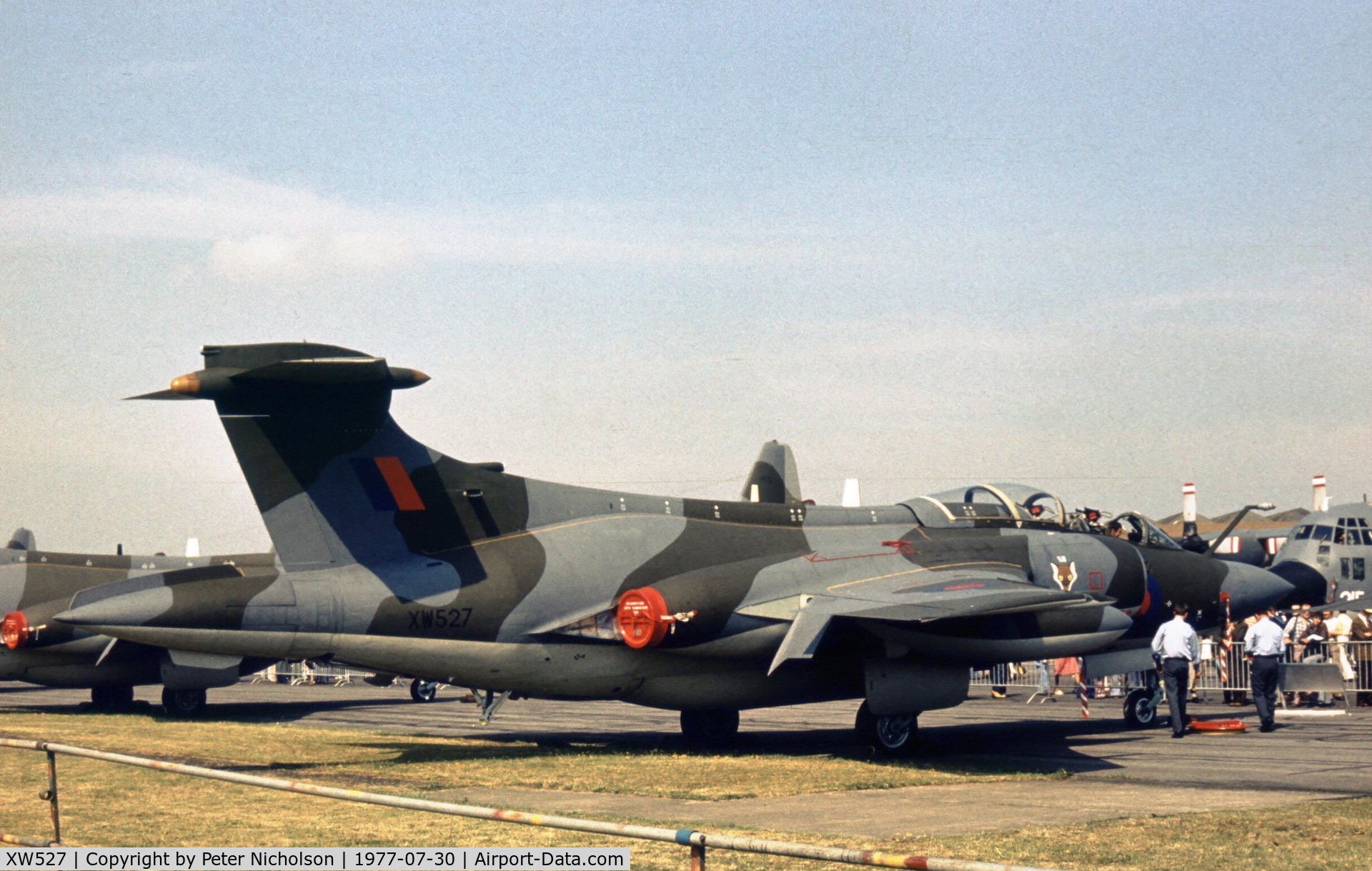 XW527, 1970 Hawker Siddeley Buccaneer S.2B C/N B3-03-69, Buccaneer S.2B of 12 Squadron on display at the 1977 Royal Review at RAF Finningley.