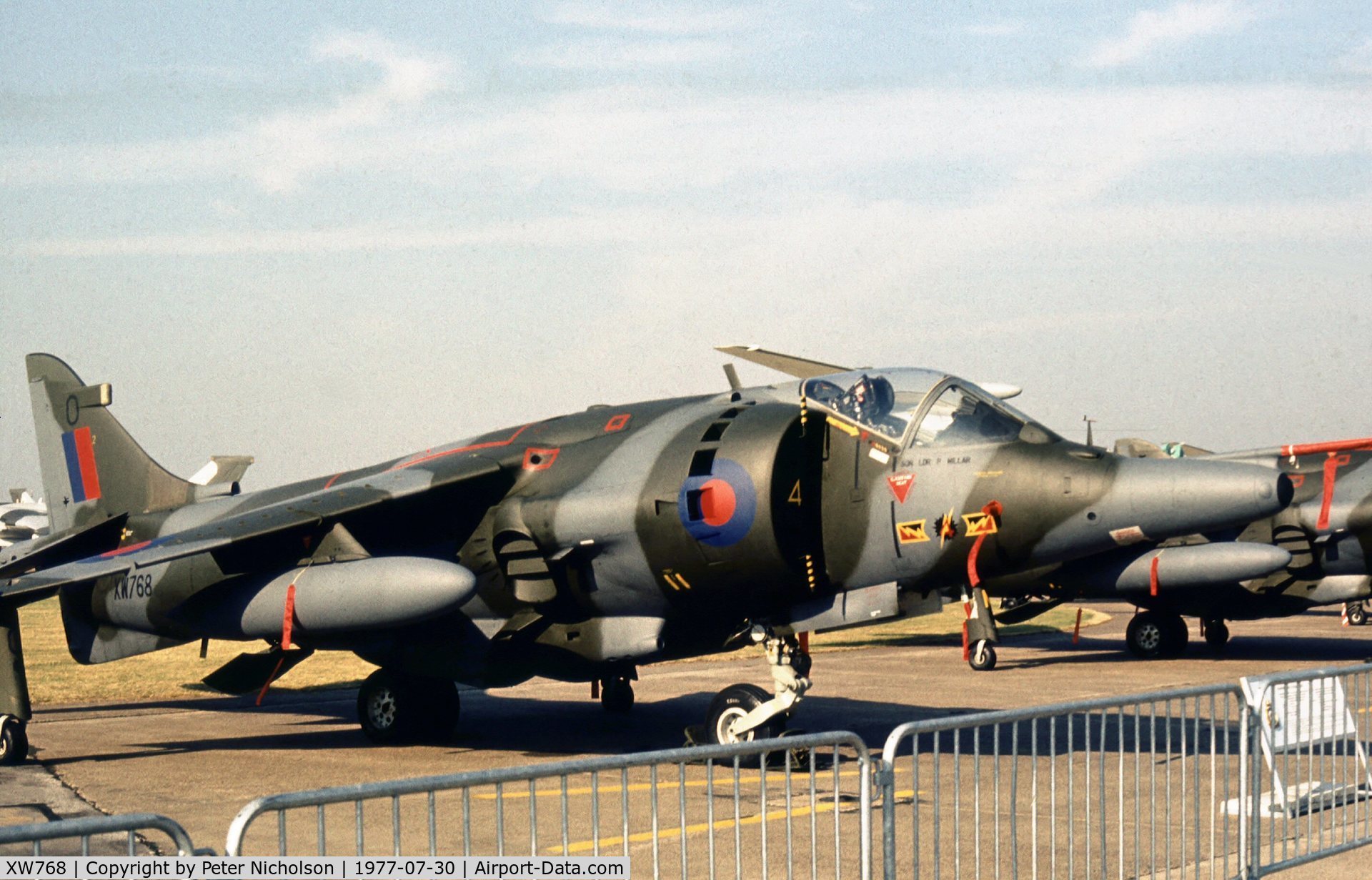 XW768, 1971 Hawker Siddeley Harrier GR.3 C/N 712085, Harrier GR.3 of 4 Squadron on display at the 1977 Royal Review at RAF Finningley.