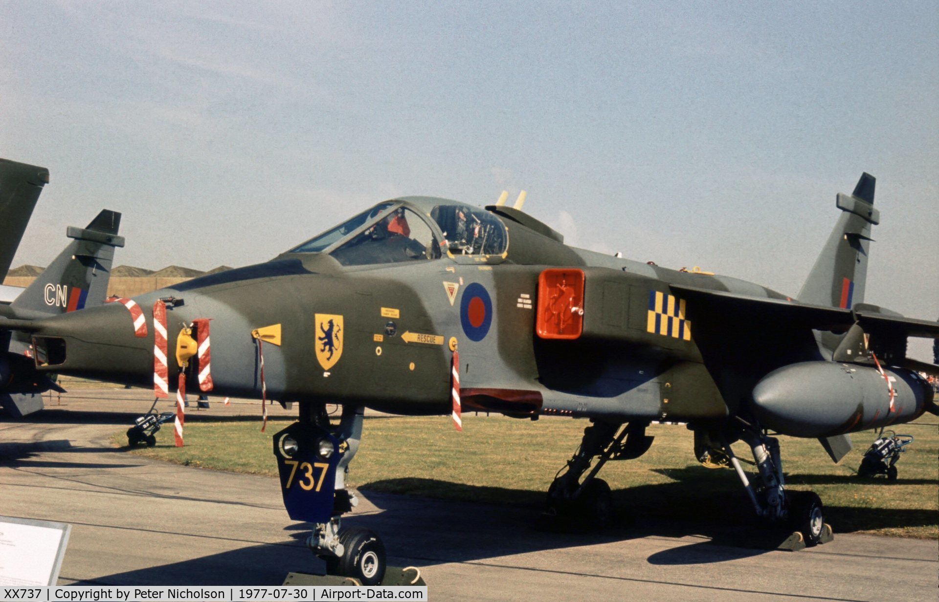 XX737, 1974 Sepecat Jaguar GR.1A C/N S.34, Jaguar GR.1 of 54 Squadron on display at the 1977 Royal Review at RAF Finningley.