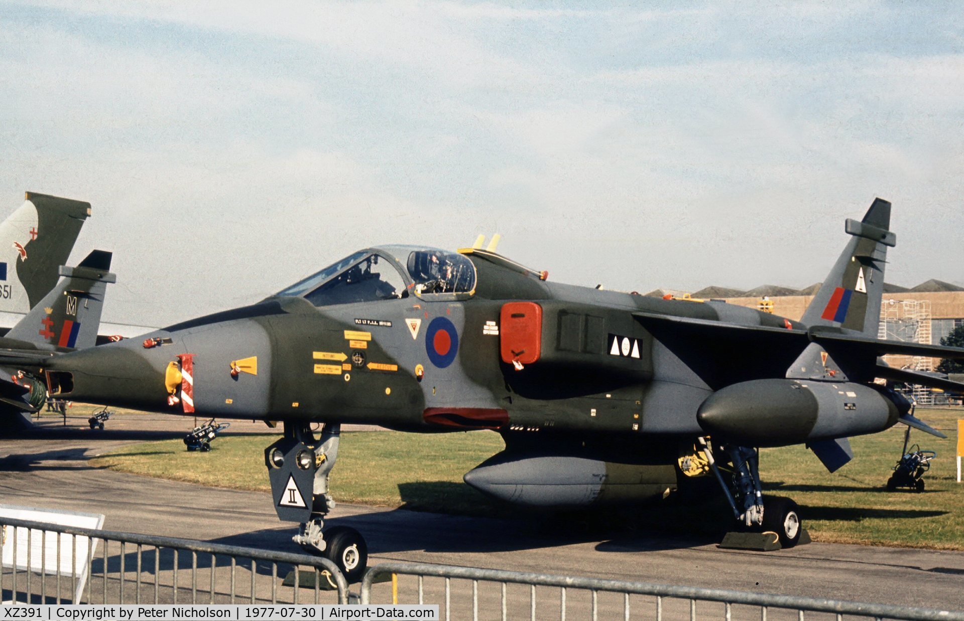 XZ391, 1977 Sepecat Jaguar GR.1A C/N S.156, Jaguar GR.1 of 2 Squadron on display at the 1977 Royal Review at RAF Finningley.