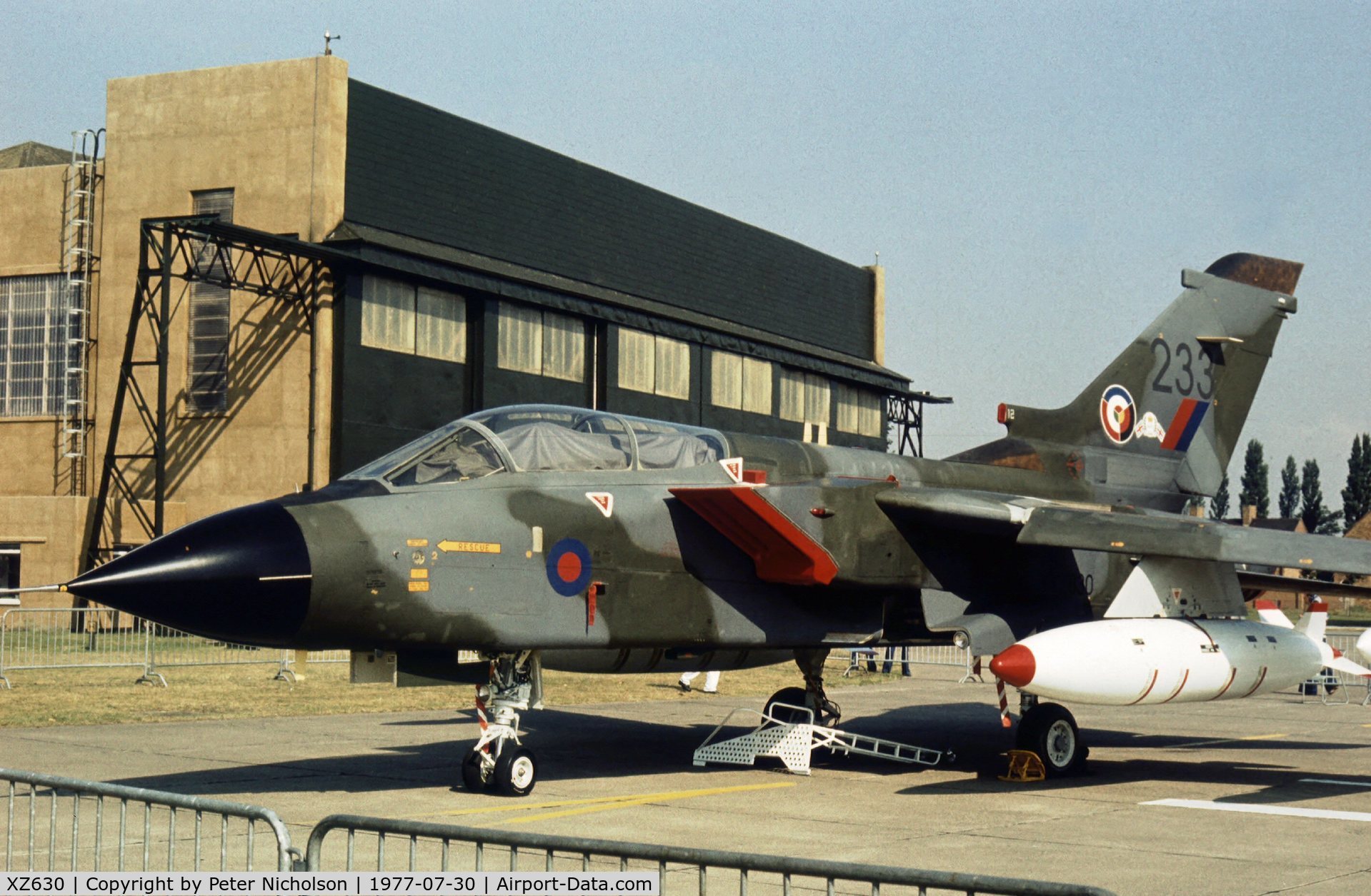 XZ630, 1977 Panavia Tornado GR.1 C/N P.12, Tornado prototype P.12 on display at the 1977 Royal Review at RAF Finningley and still wearing the Paris Air Show number 233 from earlier in the year.