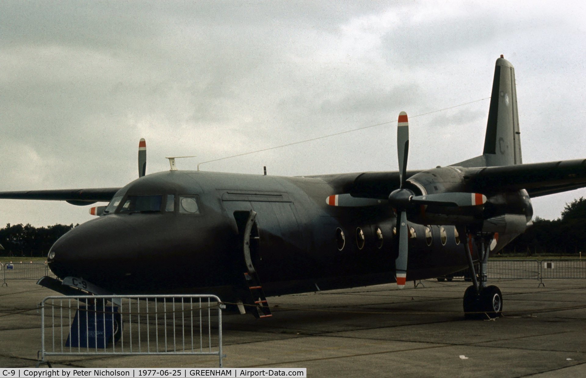 C-9, 1960 Fokker F-27-300M Troopship C/N 10159, F-27M Troopship of 334 Squadron Royal Netherlands Air Force on display at the 1977 Intnl Air Tattoo at RAF Greenham Common.
