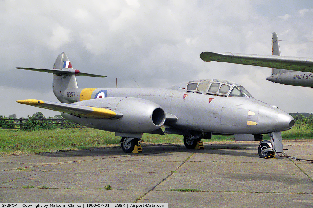 G-BPOA, 1951 Gloster Meteor T.7 C/N Not found WF877/G-BPOA, Gloster Meteor T7 at North Weald Airfield in 1990. Removed from the civil register in 1996. Currently held dismantled at The Imperial War Museum, Duxford.