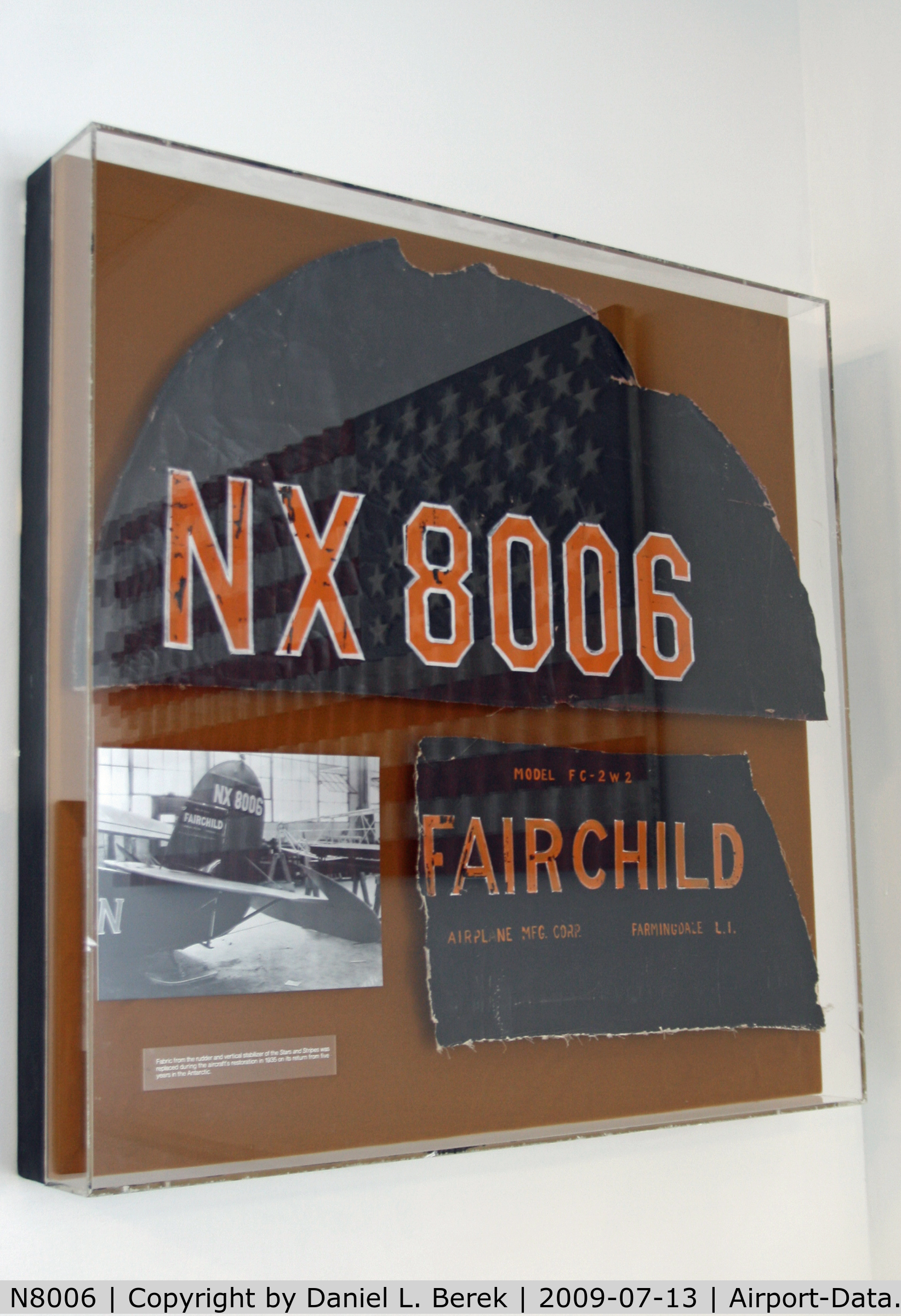 N8006, 1928 Fairchild FC-2-W2 C/N 140, This section of original fabric is on display at the Cradle of Aviation Museum, Mitchell Field, Long Island, NY.