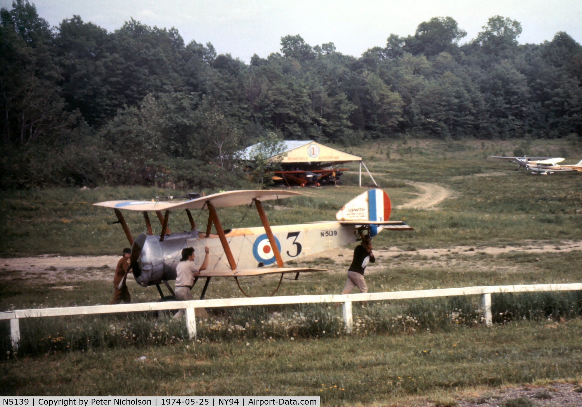 N5139, 1967 Sopwith Scout Replica C/N 83213, Perhaps more commonly known as a Sopwith Pup, this Scout was being positioned at Cole Palen's Old Rhinebeck Airshow in the Summer of 1975.