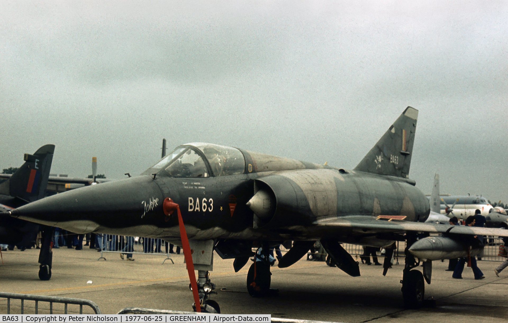 BA63, SABCA Mirage 5BA C/N 63, Mirage 5BA of 1 Squadron Belgian Air Force at the 1977 Intnl Air Tattoo at RAF Greenham Common.